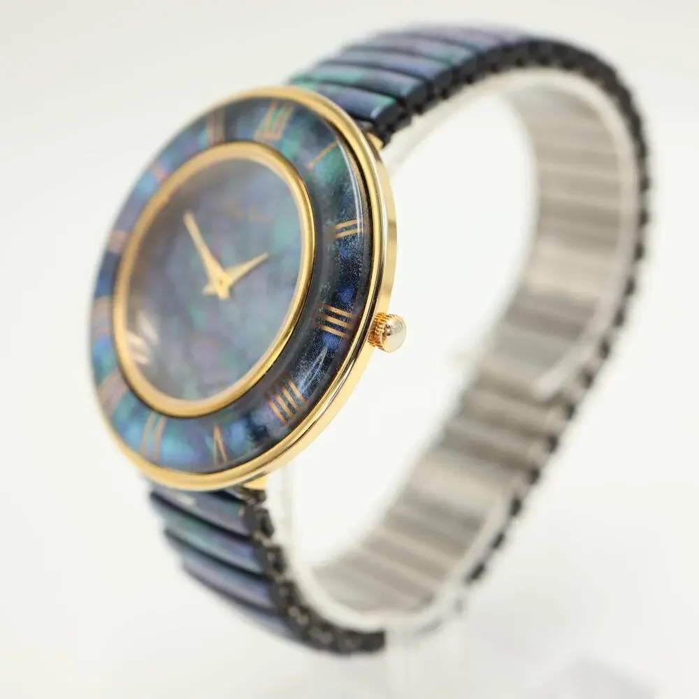 Vintage Pierre Nicol Blue Gold Tone Round 42mm Watch Stretch Band w New Battery